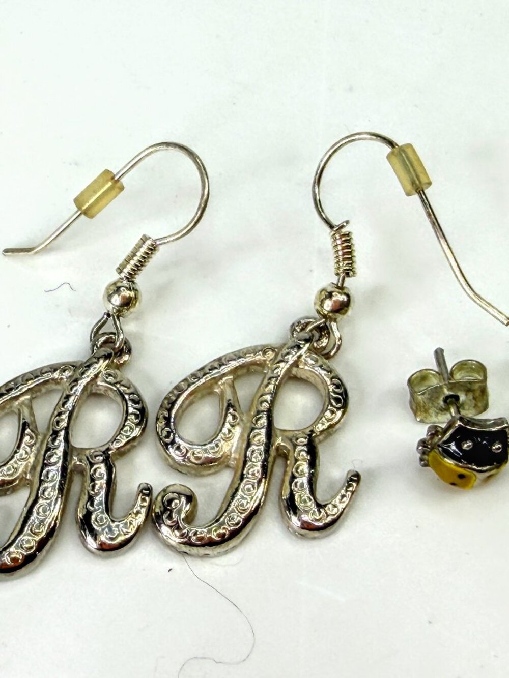 Sterling Silver Initial R & Enamel Ladybug Earrings 2-Pair Set JR2035